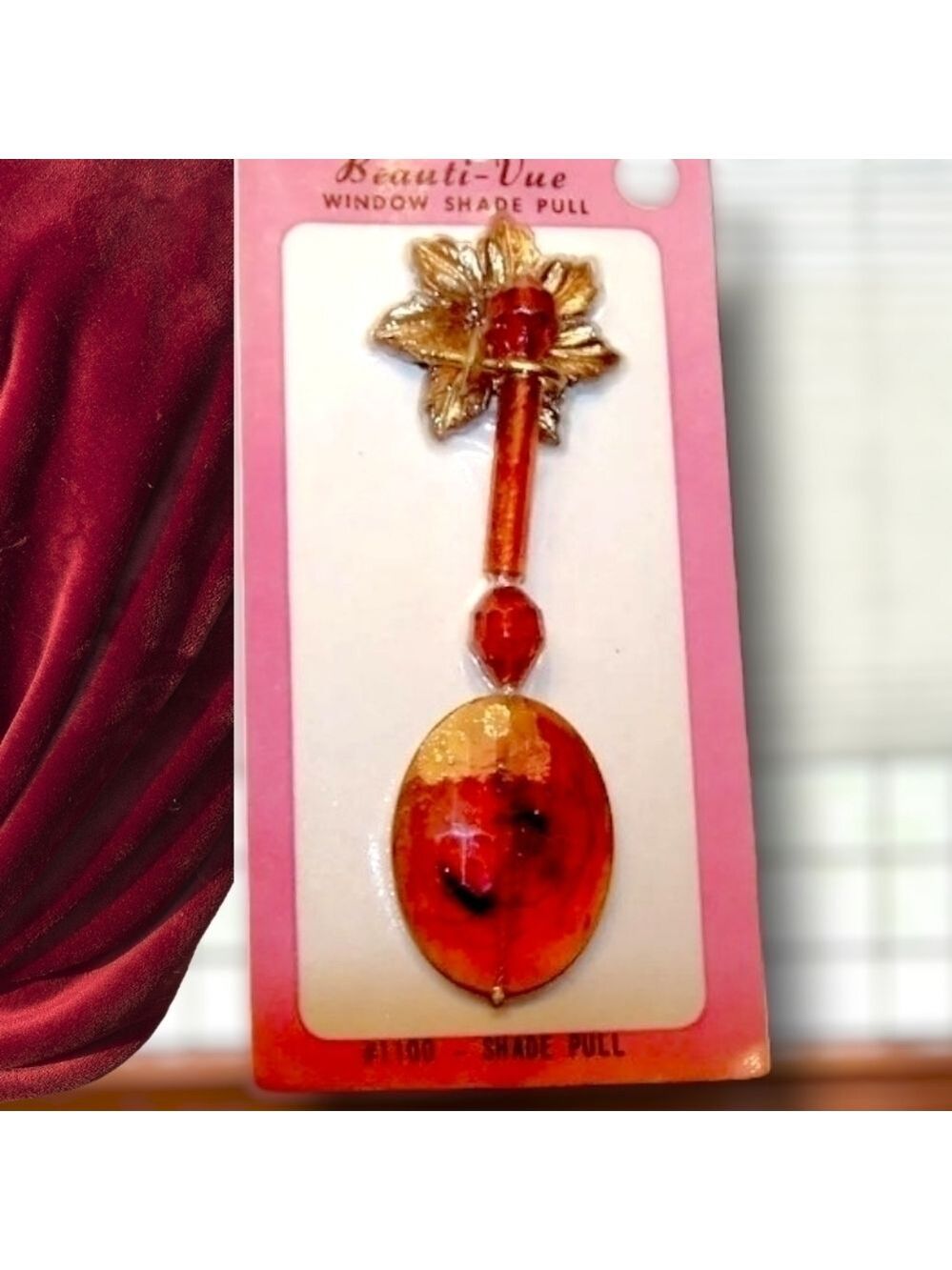 6 PC STILL IN PKG! Vintage Red/Gold Beauti-Vue Window Shade Pull